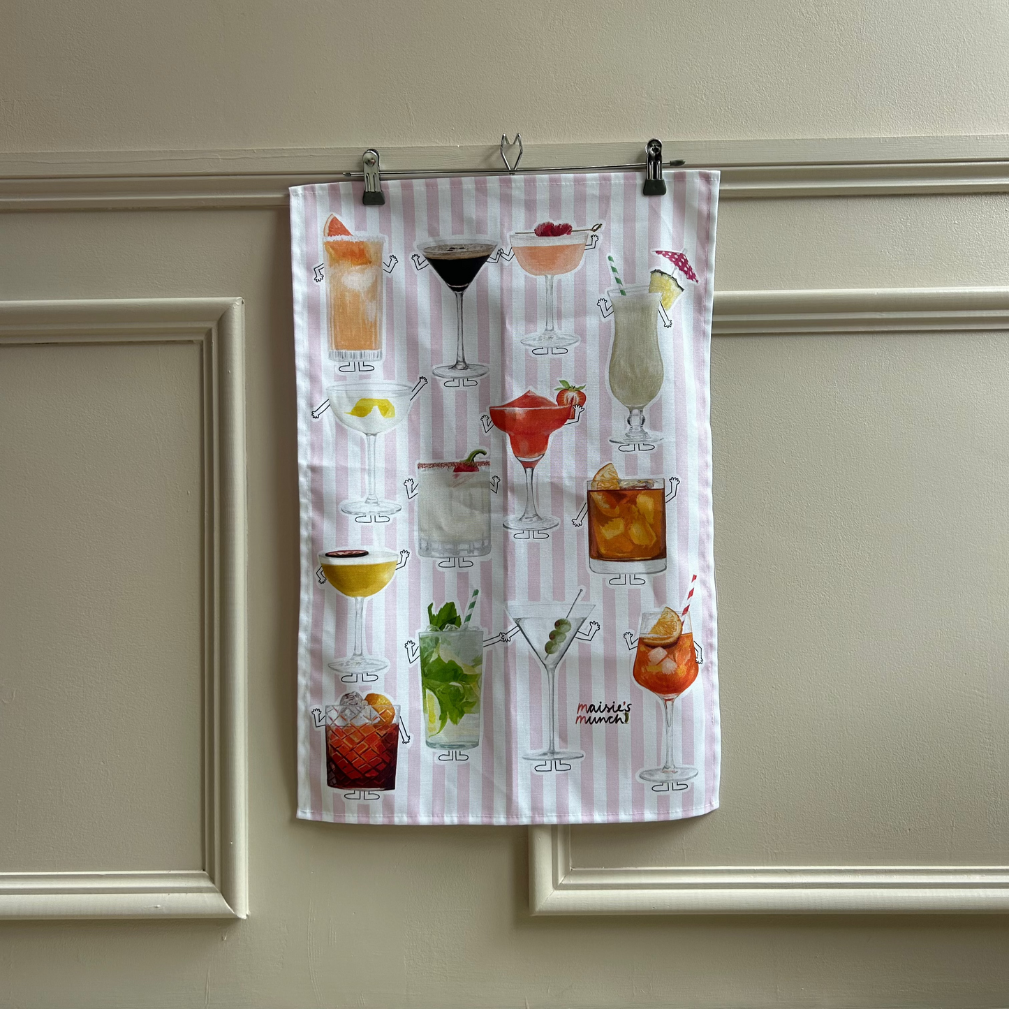 Cocktails Tea Towel with Pink Stripe