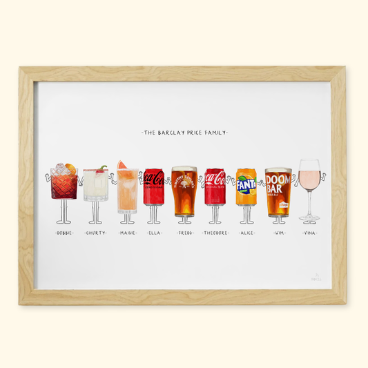 Munch for Nine: The Barclay Price Family, nine people drawn as their favourite drinks, in an oak frame