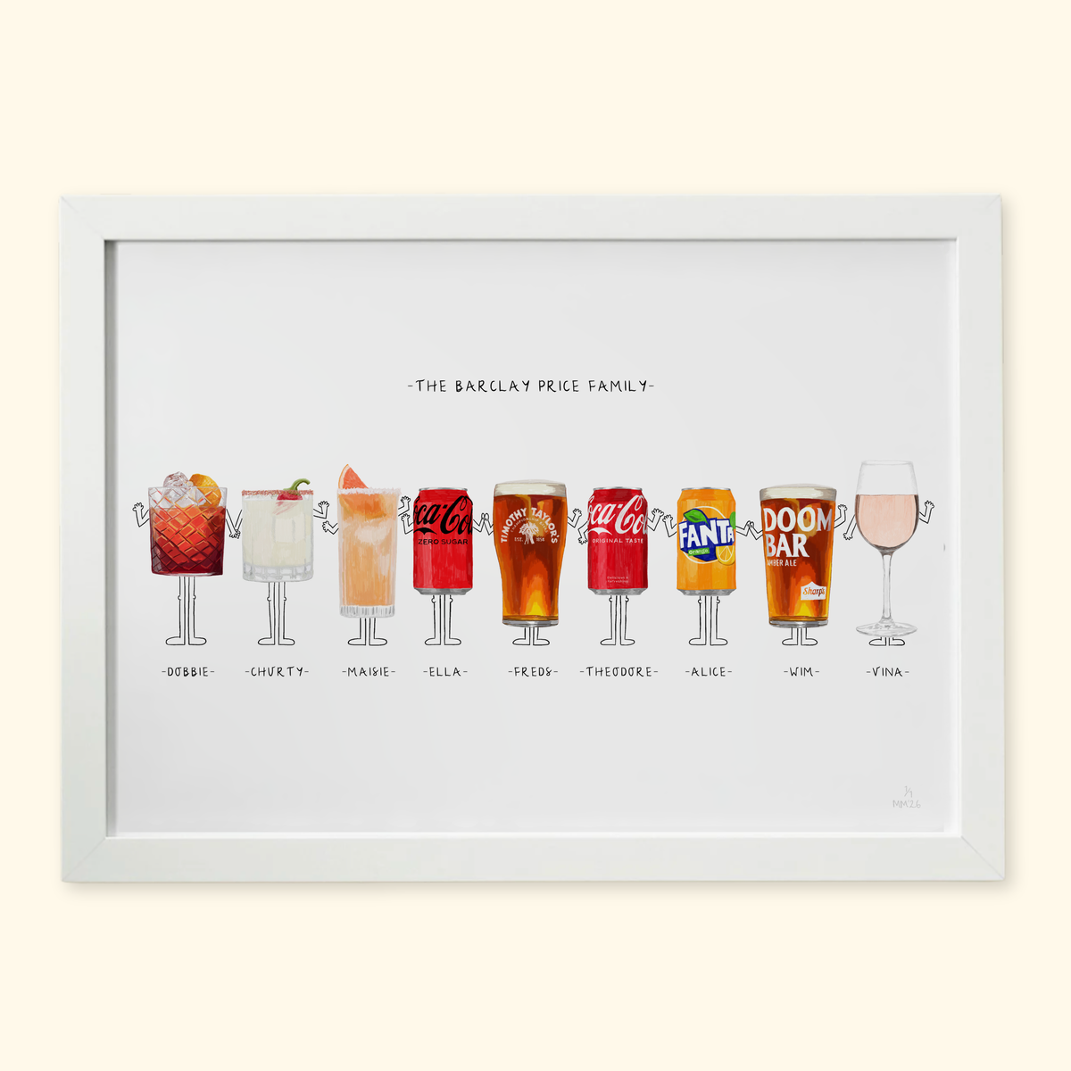 Munch for Nine: The Barclay Price Family, nine people drawn as their favourite drinks, in a white frame