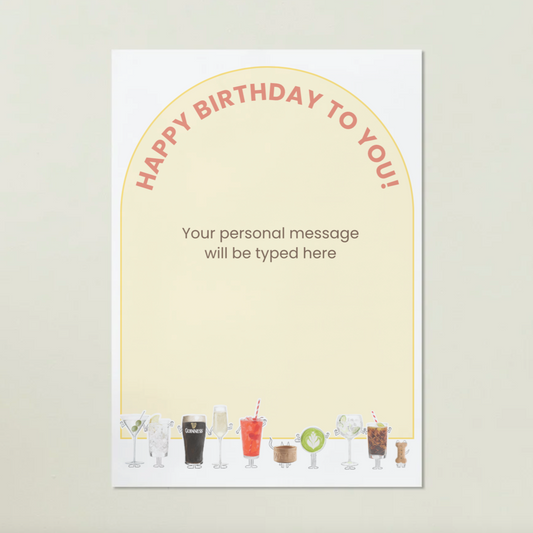 Birthday card with cartoon drinks and customizable message area on a beige background