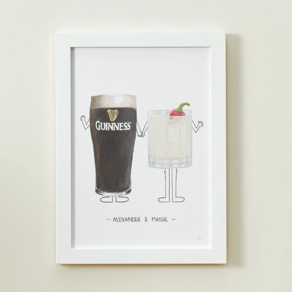 Framed artwork of a pint of Guinness and a cocktail on a white background