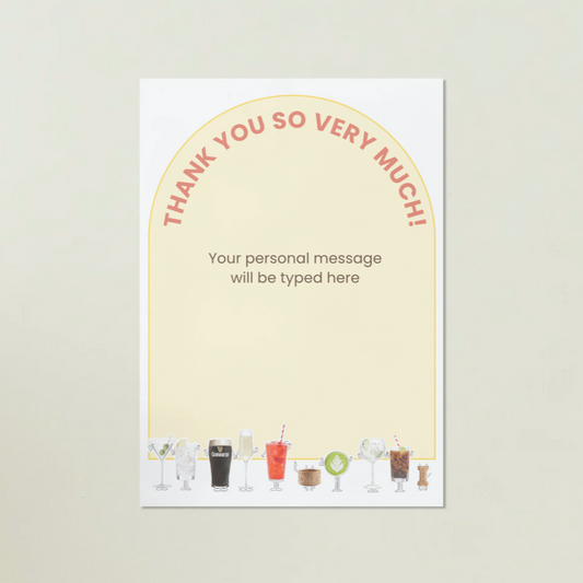 Note card with 'Thank you so very much!' text and drink illustrations on a beige background