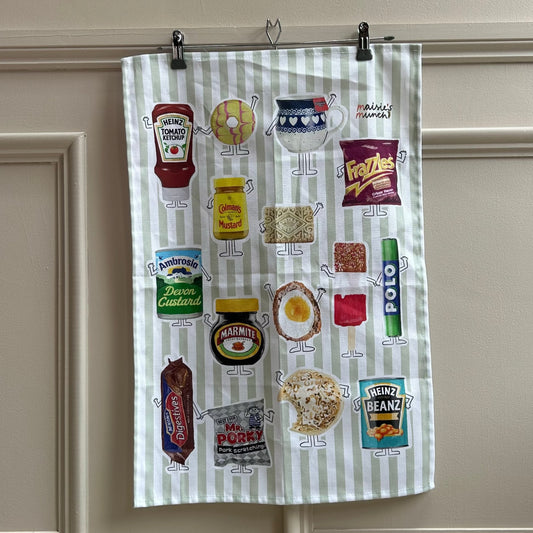 Jolly English tea towel hanging on a panelled wall