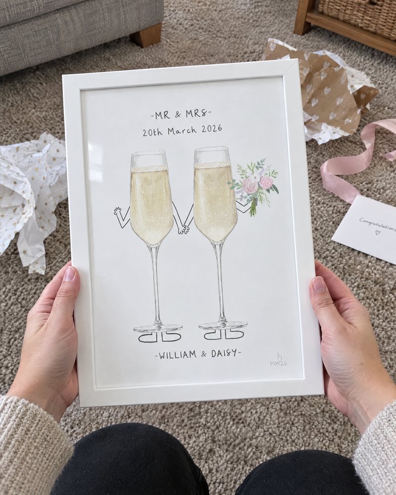 Framed wedding print held up after unwrapping