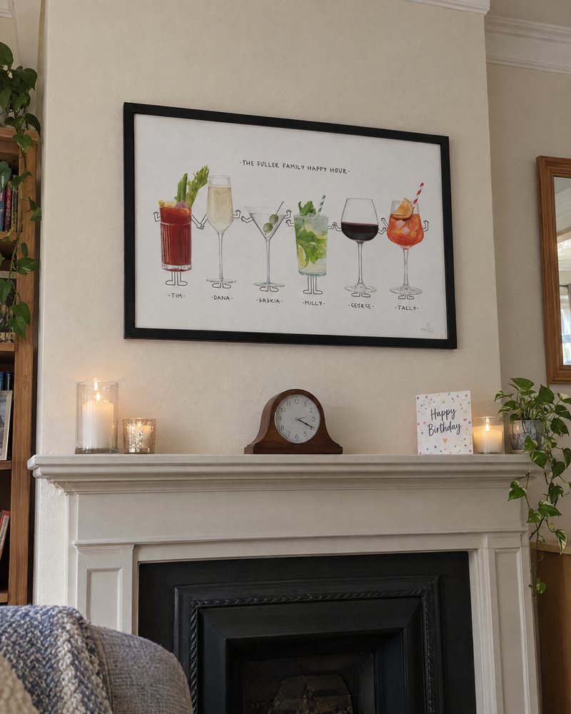 Framed Munch for Six print above a mantelpiece