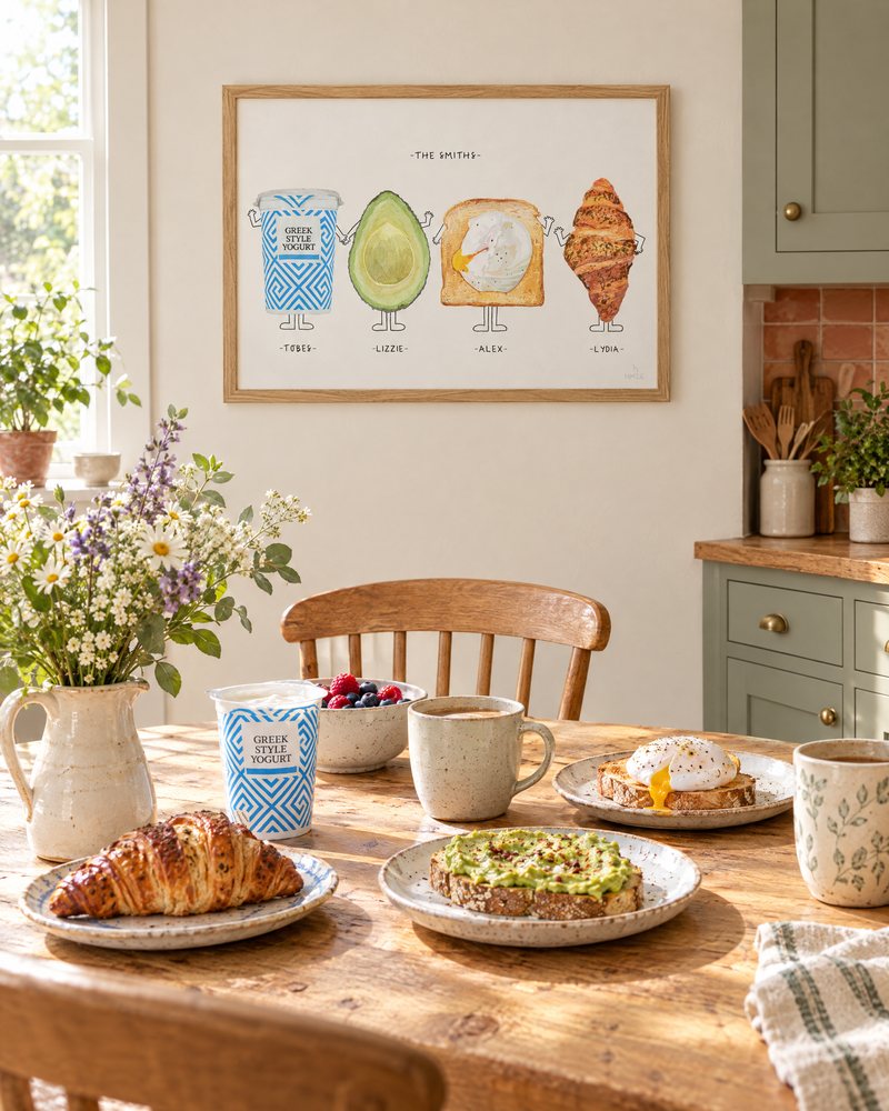Personalised family breakfast portrait framed above a farmhouse kitchen table