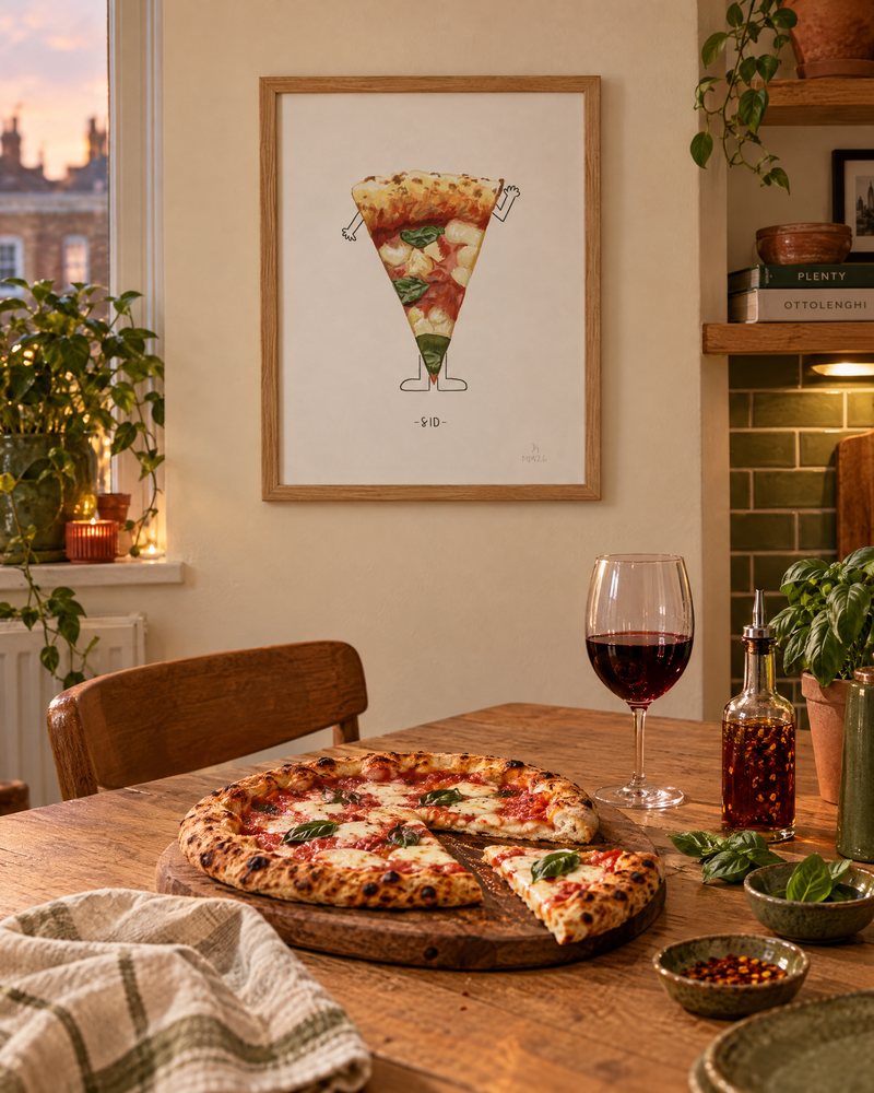 Framed Munch for One pizza slice portrait above a table with a real margherita pizza