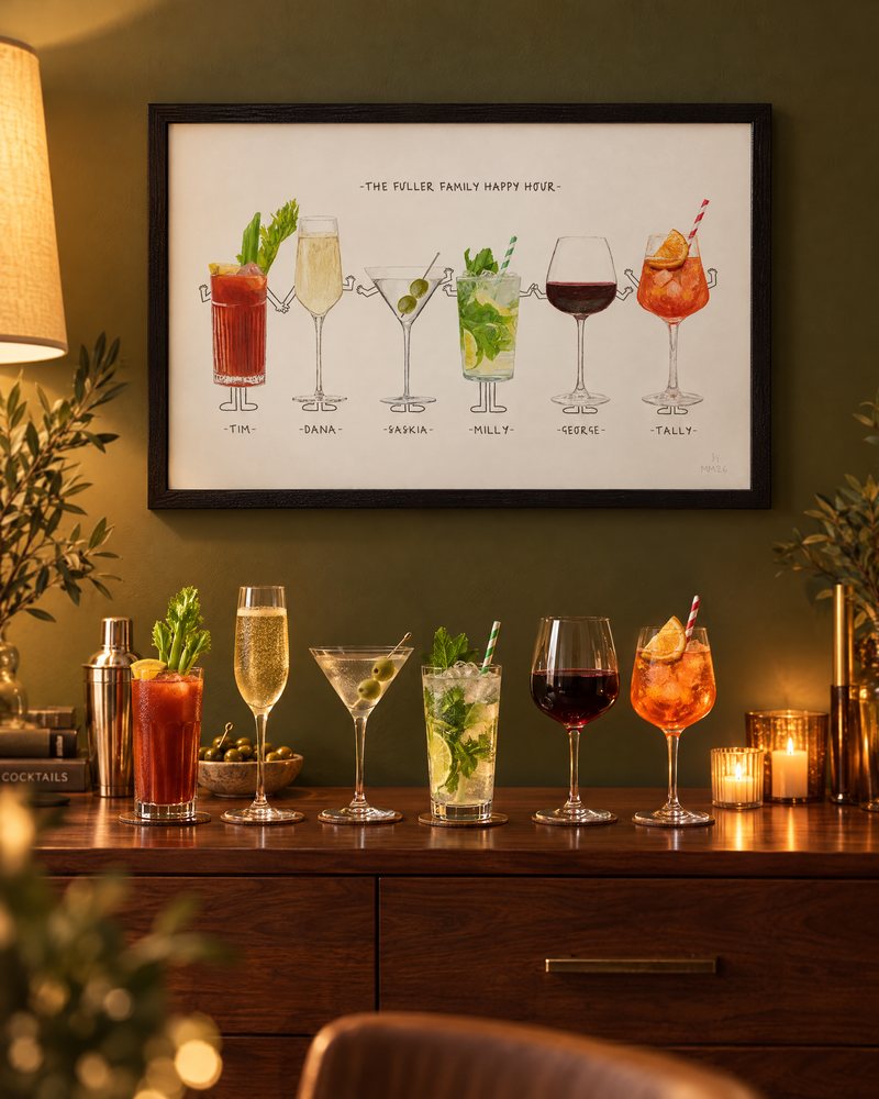 Framed happy hour portrait of six drinks above a home bar with the real cocktails
