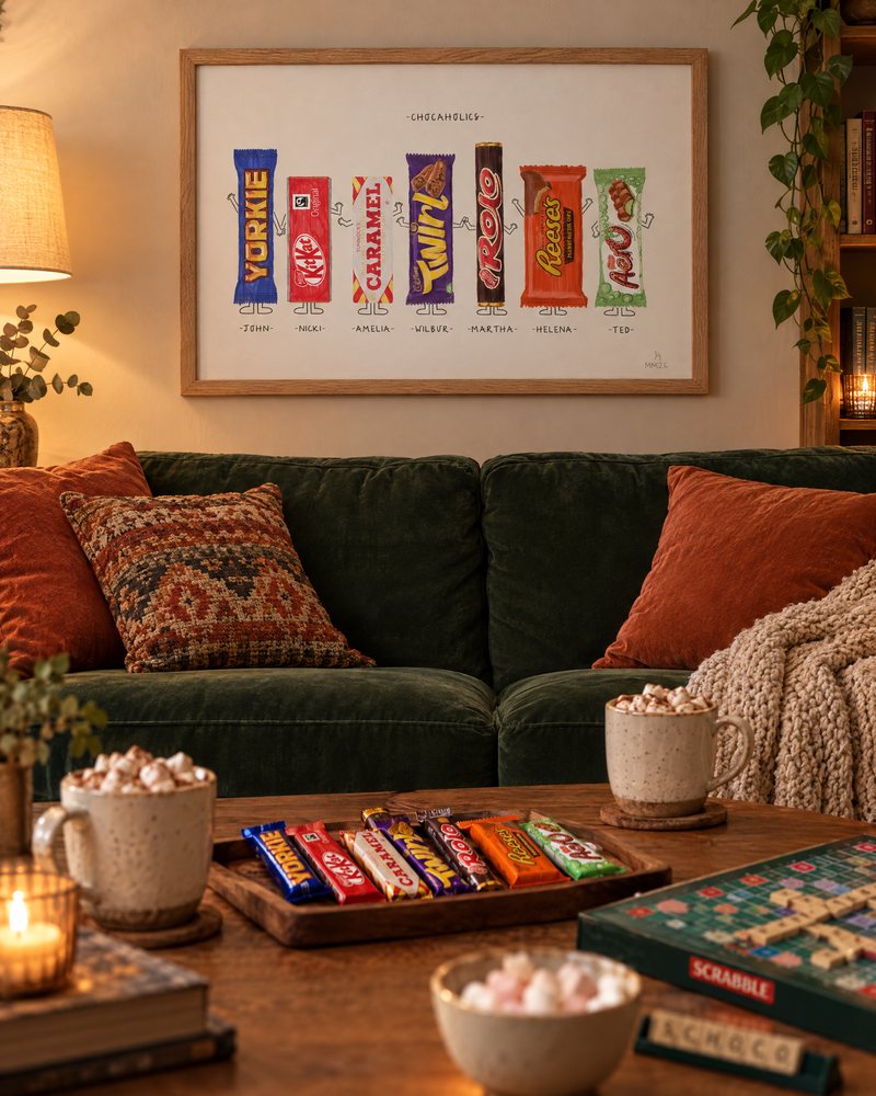 Framed Chocaholics portrait of seven chocolate bars above a green sofa