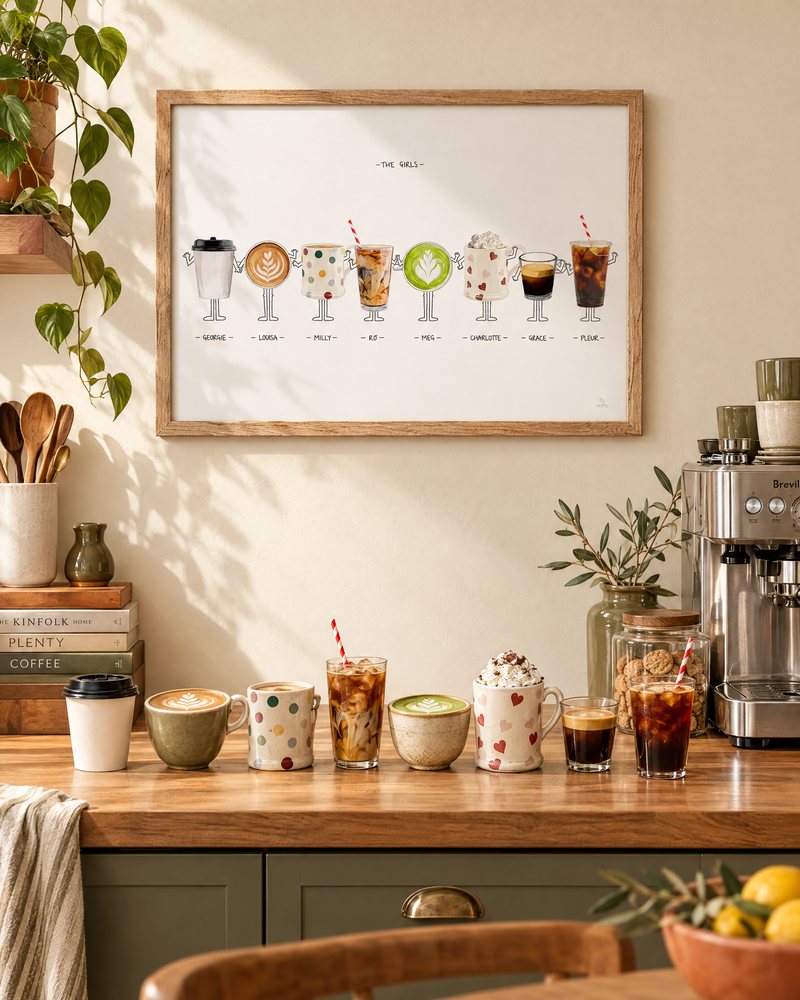 Framed portrait of eight coffee orders above a kitchen coffee station